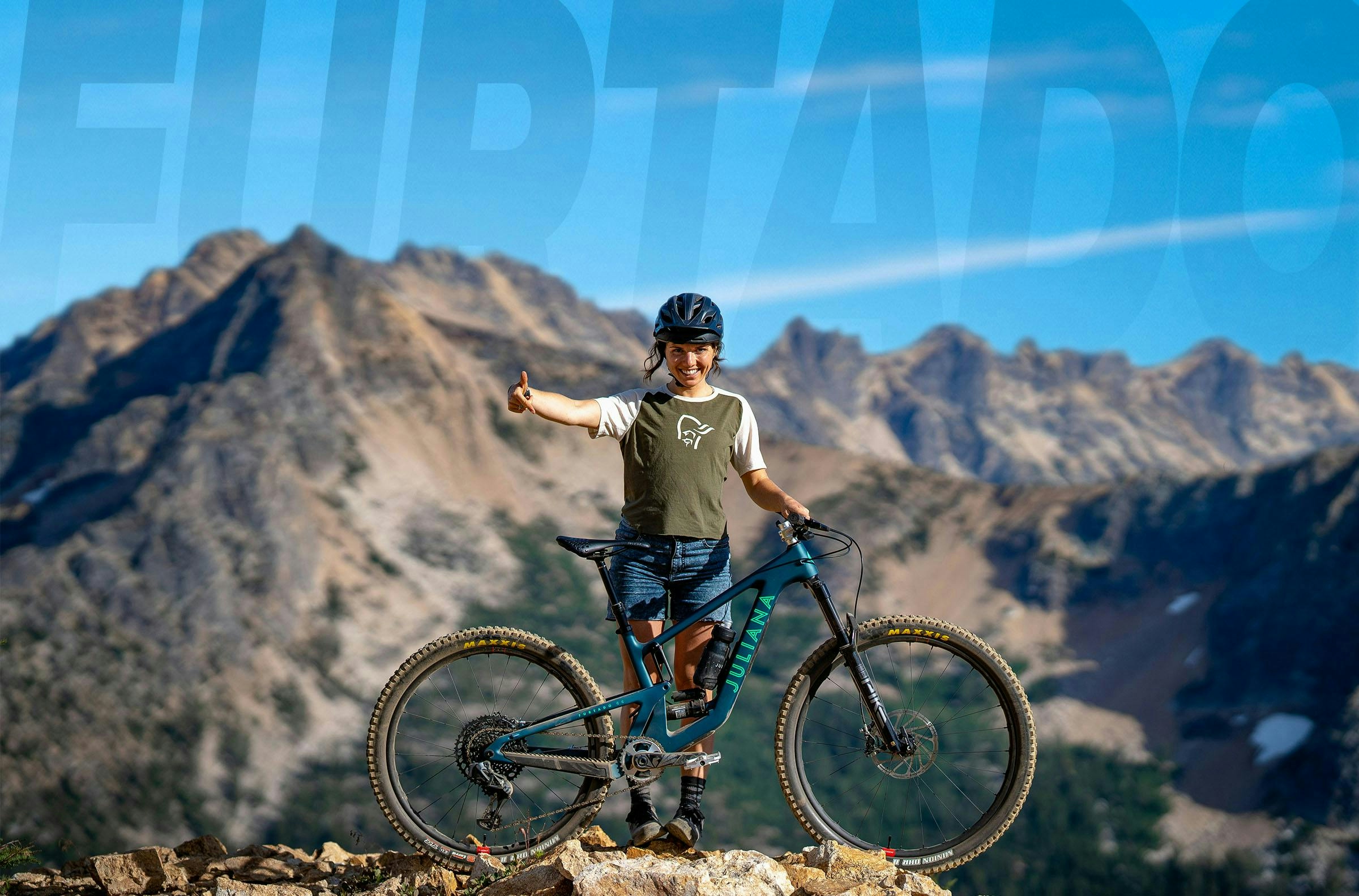 Juliana Bicycles rider Delilah Cupp posing with her Furtado 5 MX full suspension mountain bike