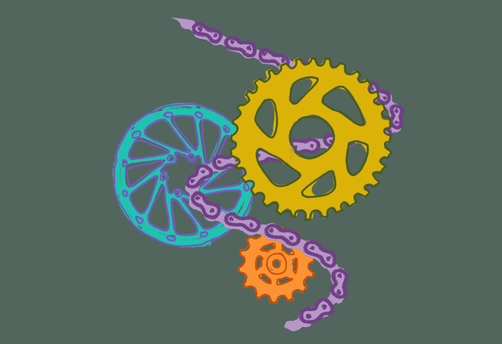 An animation of bike gears moving along a bike chain